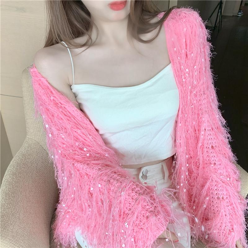 

Women's Knits & Tees Temperament Korean Chic Autumn Sweet V Neck Pink Tassel Cardigan Knitted Short Sweater White Long Sleeve Sequin Jacket