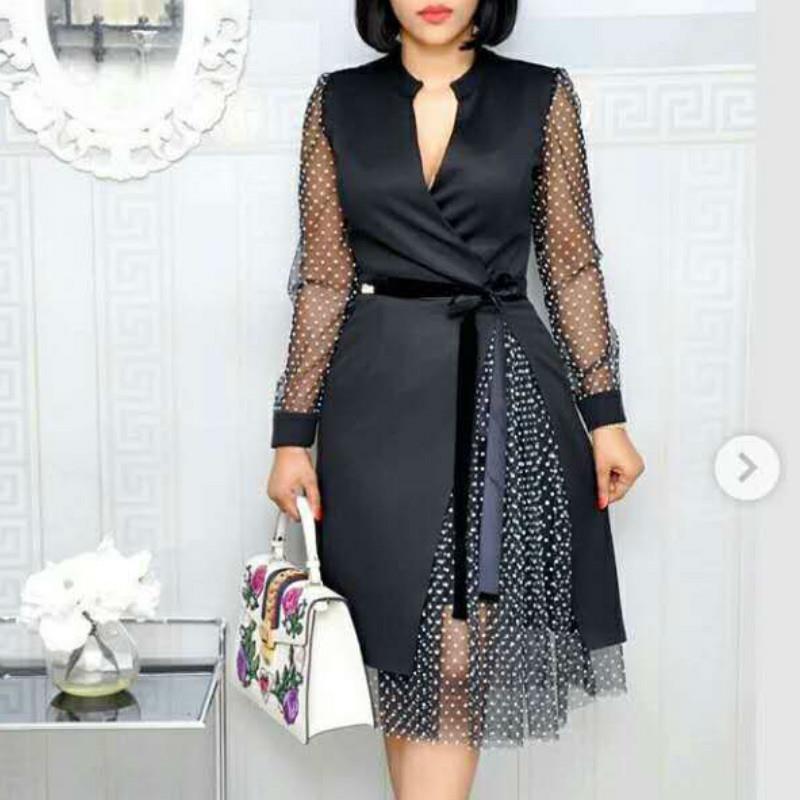 

women dress patchwork mesh long sleeves with waist belt office ladies fashion full modest female navy blue black white large, Black;gray