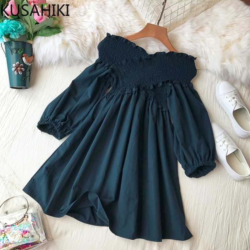 

KUSAHIKI Strapless V-neck Women Dress Half Puff Sleeve High Waist A-line Vestidos Femme Spring Elegant Dresses 6F170 210602, White