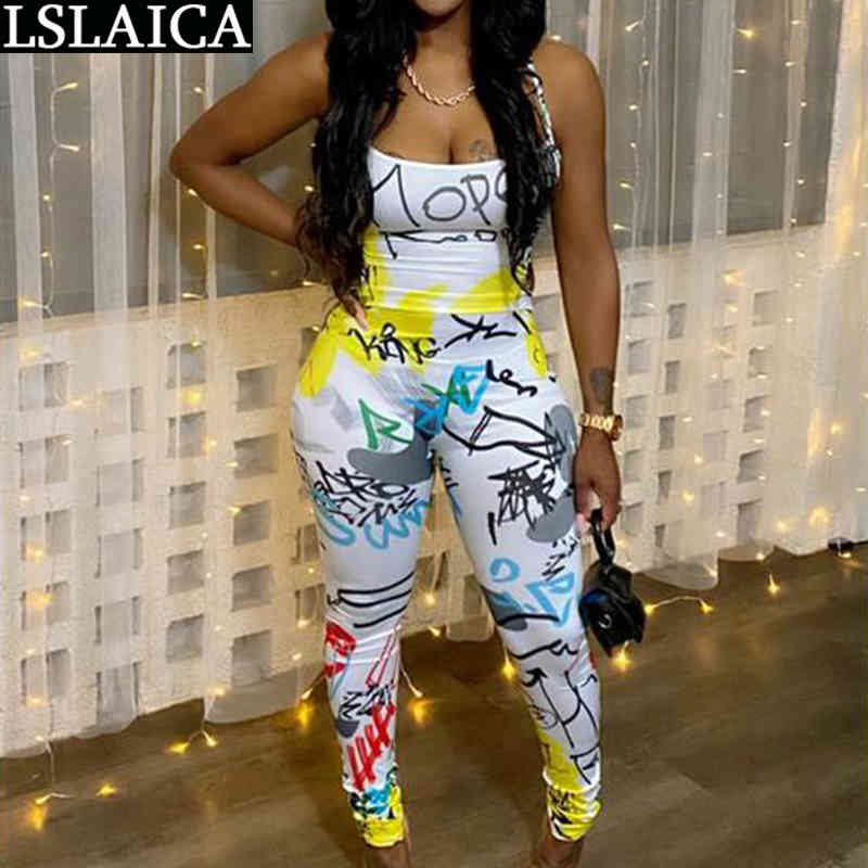 

Women Jumpsuit Sleeveless Graffiti Print High Waist Summer Plus Size Back Lace Up Jump Suits for 210520, White