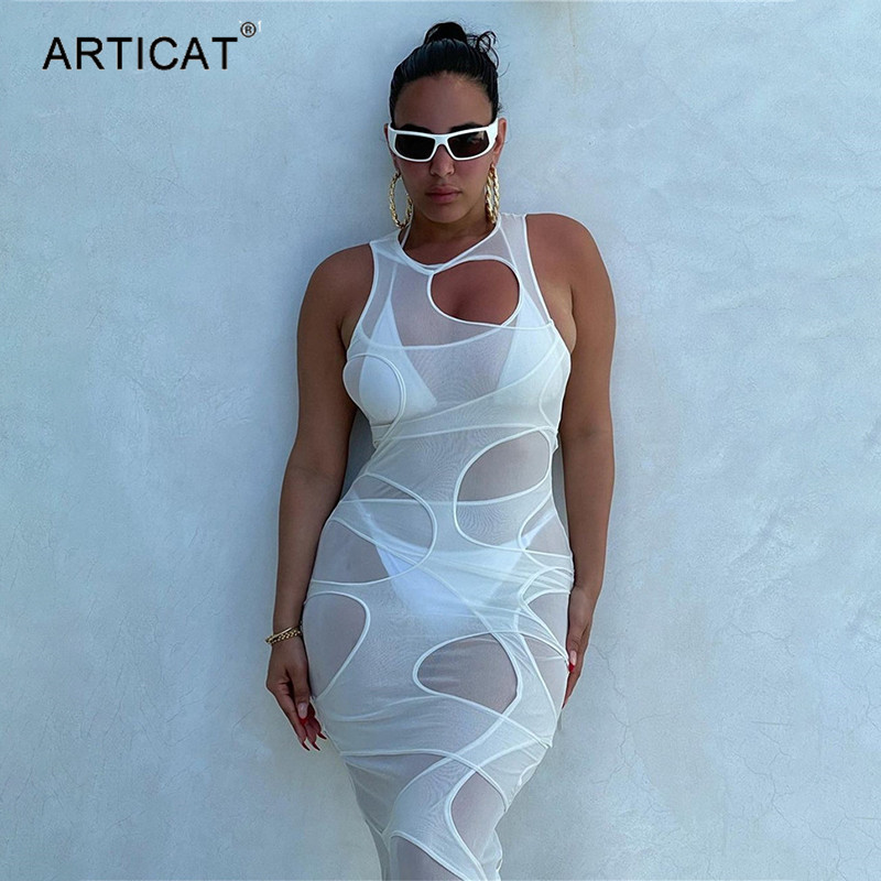

hollow out see through midi dress summer women skinny o neck sleeveless dresses elegant high street party vestidoshigh quality, Black;gray