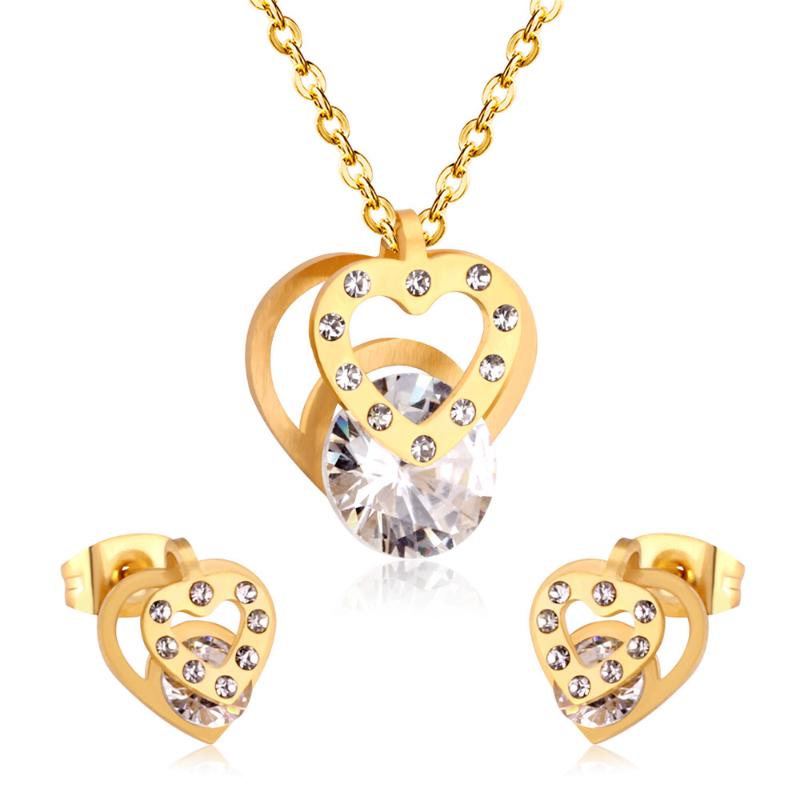 

Earrings & Necklace 316L Stainless Steel Fashion Temperament Two Heart-shaped With Zircon Pendant Earring Set Wedding Jewelry No Fade, Silver