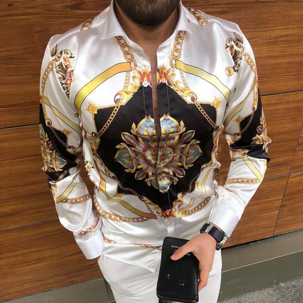 

men shirts retro printing blouse black white with long sleeve Digital Printed plus size button down top Casual Homme Bohemian Tops