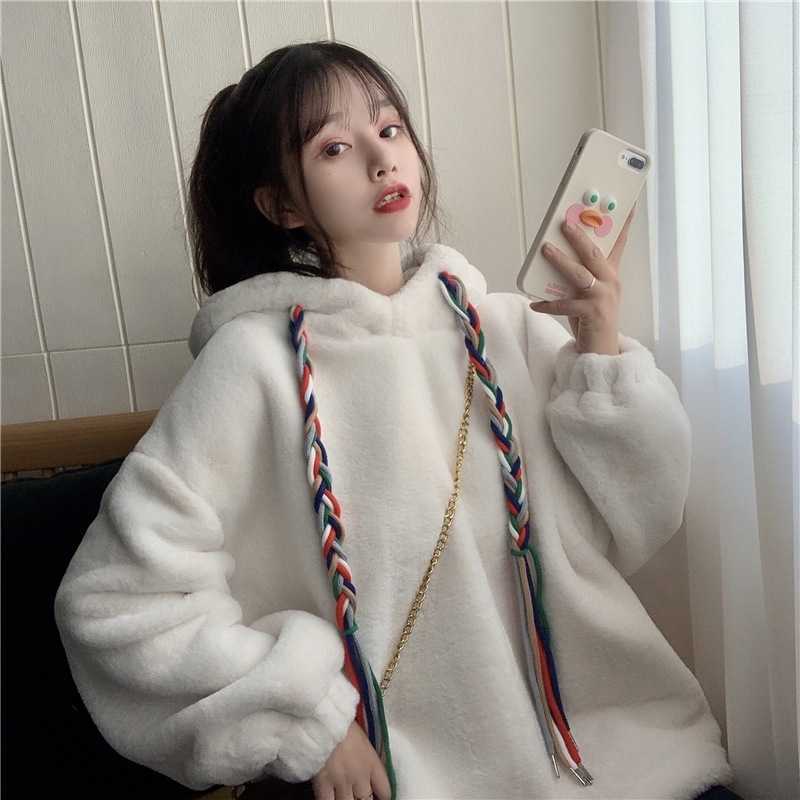 

2021 lamb wool hooded sweater women' Korean autumn and winter thickened cashmere jacket lazy wind loose Korean versatile, White