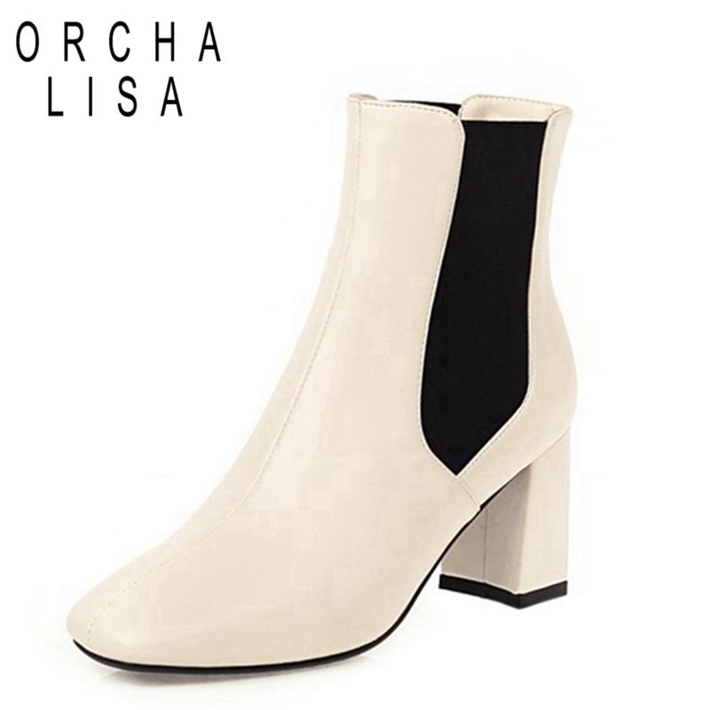 

Boots ORCHALISA 2021 Fashion Ladies Ankle Knight Slip On Patchwork Square Toe 6CM Thick Heel Size 31-49 Black Beige Brown A4443