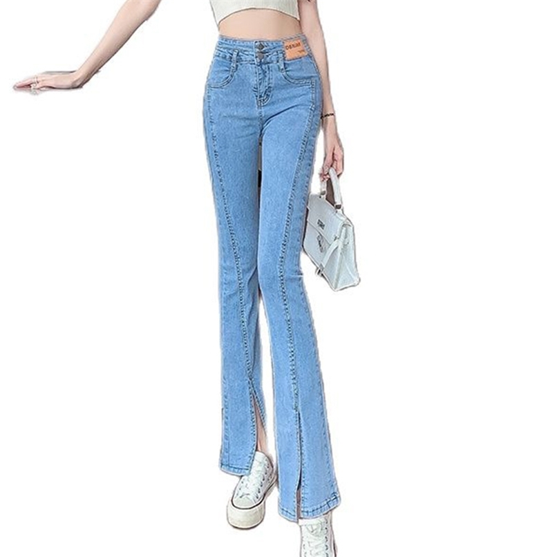 

Slit high-waisted jeans women's skinny wide-leg flared pants summer Korean fashion clothing 210520, Black trousers
