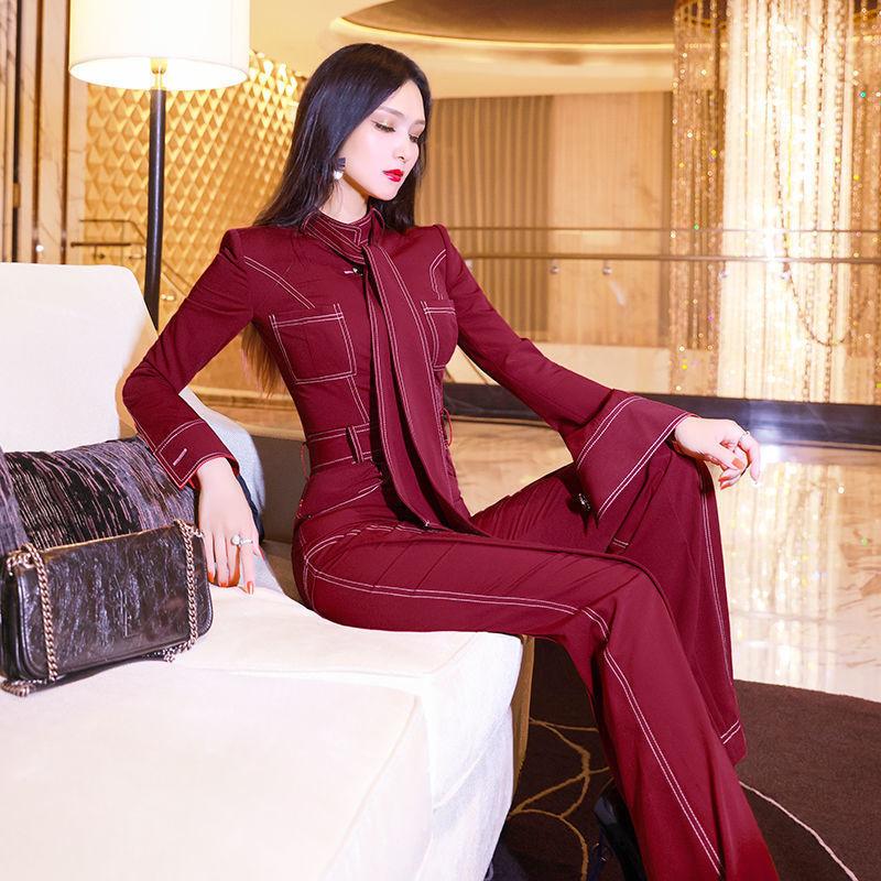 

Women' Two Piece Pants High End Early Spring Handsome Tooling Wind Pressure Line 2021 Style Temperament Slim Jumpsuit Tracksuit Set, Wine