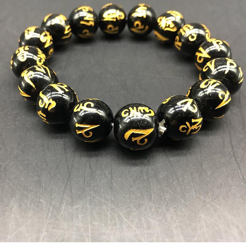 

Charm Bracelets Gold Printing Mantra Black Carved Buddha Bracelet Lucky Amulet Round Beads Natural Stone Bead 8mm 10mm 12mm 14mm 16mm