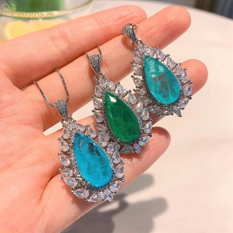 

Other Vinregem 925 Sterling Silver Pear Cut Paraiba Tourmaline Emerald Created Moissanite Gemstone Party Pendant Necklace Fine Jewelry