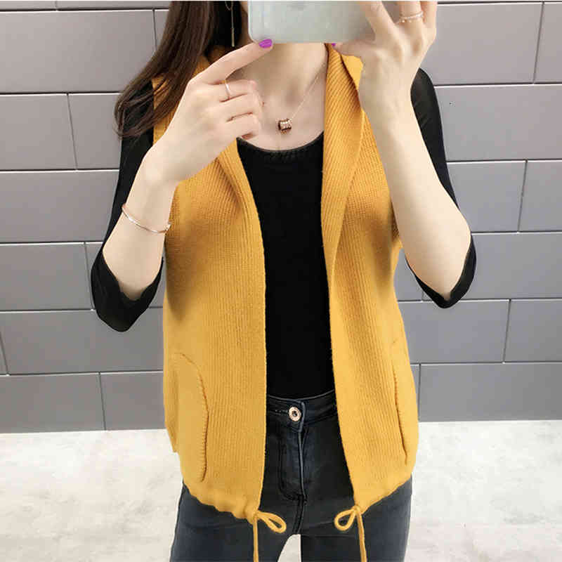 

Women's Sweaters Solid Hooded Vest Women Casual Knitted Sleeveless Cardigans Female Korean Style Loose Drawstring Waistcoat Open S, White