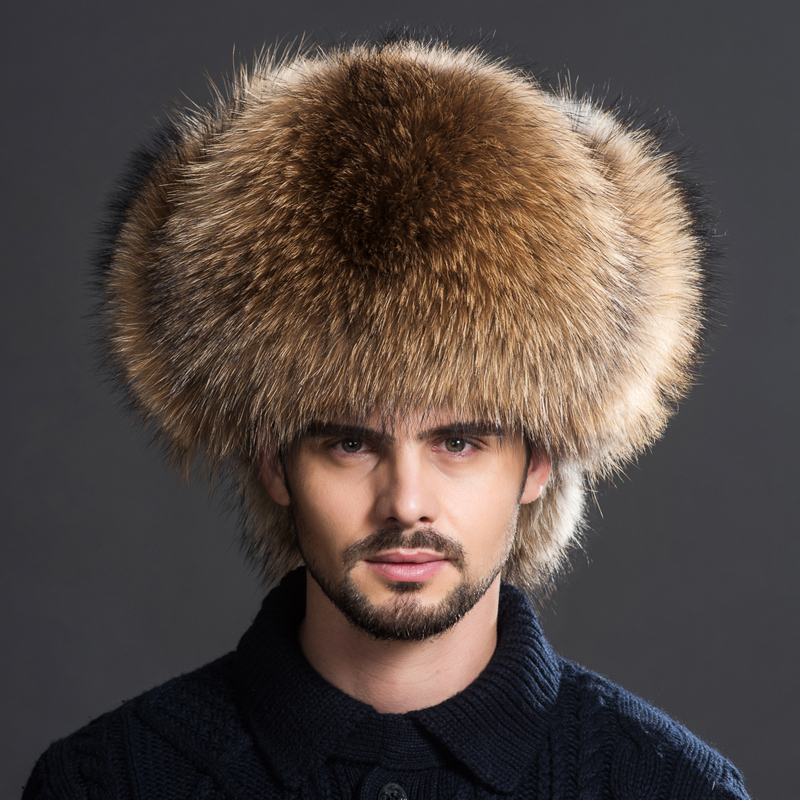 

Winter Mens 100% Real Silver Fox Fur Aviator Bomber Hat Raccoon Fur Ushanka Cap Trapper Russian Man Ski Hats Caps Real Leather