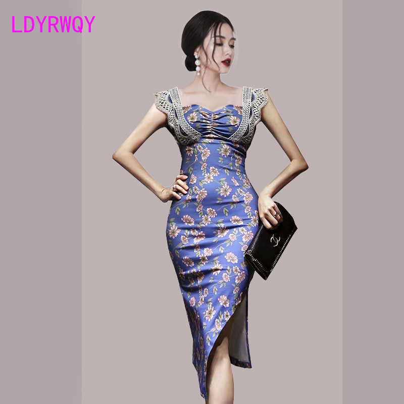 

LDYRWQY lace stitching printing fashion sleeveless slim Korean version of the split hip dress 210603, Photo color