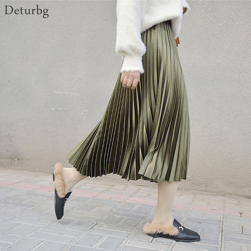 

Casual Dresses Women's Metal Color Pleated Midi Skirt Female Korean Japanese High Waist Skirts Chic Saias 11 Colors Spring SK296 R, Army green