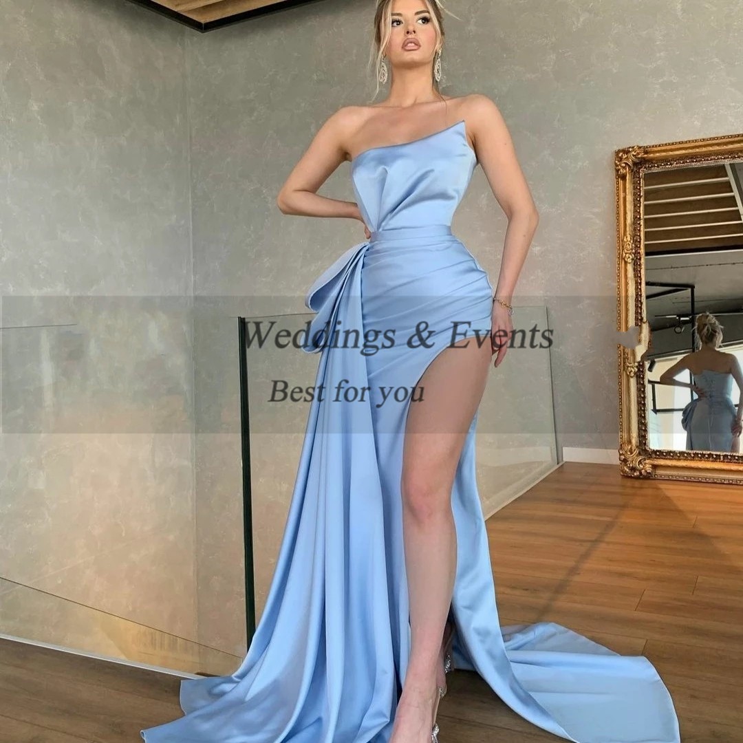 

Sky Blue Mermaid Long Prom Dresses 2022 High Slit Evening Gowns Custom Made Pleats Women Formal Special Party Dress Vestidos longo Robe De Soiree, Black