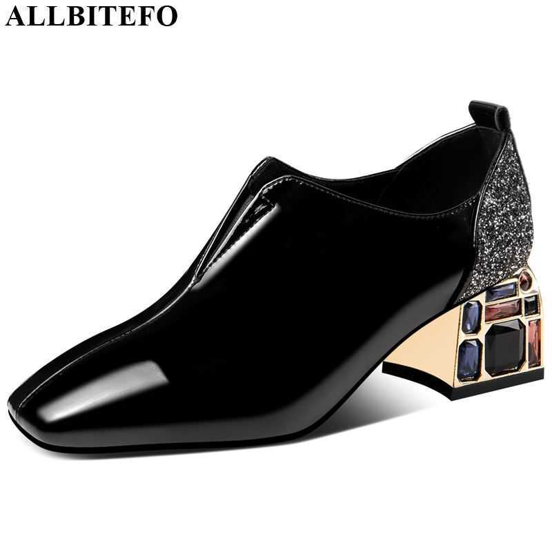 

ALLBITEFO nature genuine leather high heels fashion decoration high heel shoes elegant square toe women heels 210611, As picture