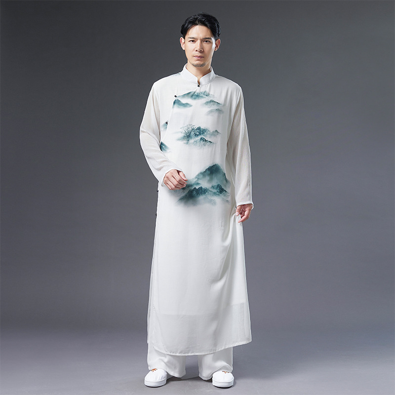 

Ethnic clothing Streetwear Tang Suit cotton linen robe Men stand collar Long gown Male white Hanfu Chinese Style apparel vintage costume