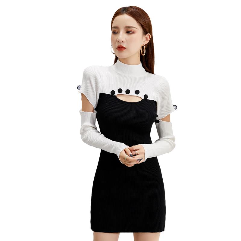 

Casual Dresses 2021 Autumn Winter Sexy Women' Sweaters Jumper Buttons Ladies Sweater Female White Black Pullover Hip Wrap Dress