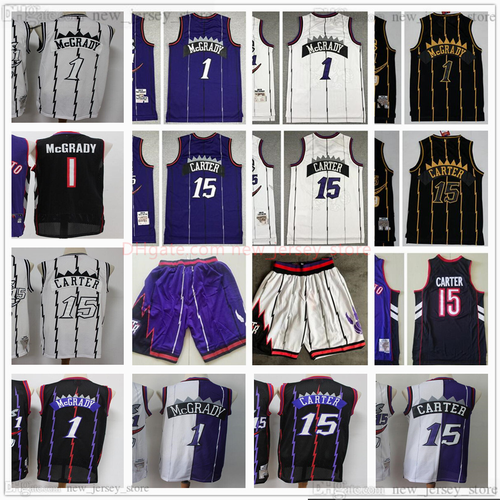 

Retro Baskeball Vince Tracy Jersey Purple Vintage Stitched 15 Carter 1 McGrady Jerseys Shorts Stripe White Black Two Color Camo Man Kids Youth, Black;red