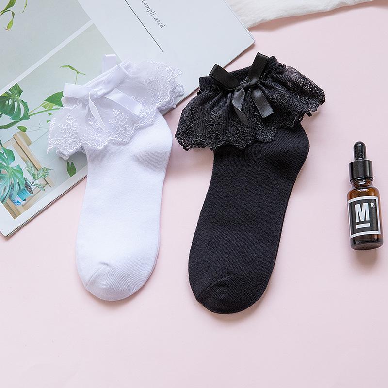 

Socks & Hosiery Bowknot Lace Ruffle Lolita Cute Black White Cotton Princess Sock Women Breathable Short Anime Cosplay Ankle Soxs