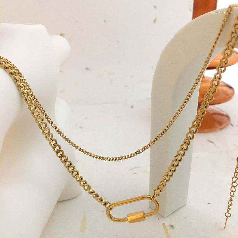 

Monlansher Vintage Gold Color Titanium Steel Chain Necklaces Double Layer Chokers Minimalist Carabiner Pendant Chains