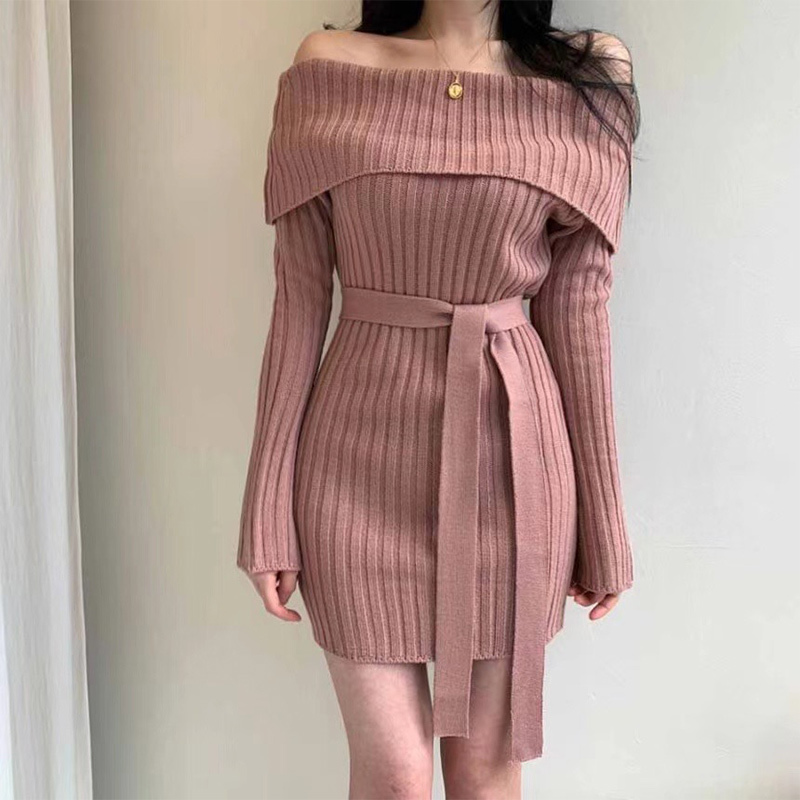 

Off Shoulder Long Sleeve Sashes Women Mini Dress Knitted Ribbed Fold Slash Neck Korea Chic Sexy Woman Dresses Vestidos 210518, Black