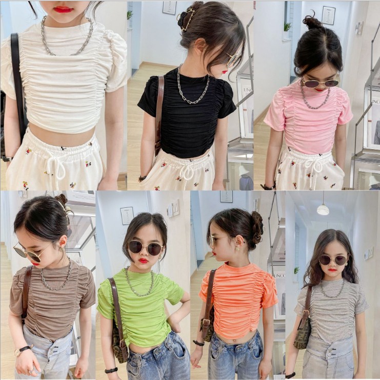 

Girls princess T-shirt summer kids pure color round collar wrinkle short sleeve Tee shirt children casual tops bottom shirts S1173, White