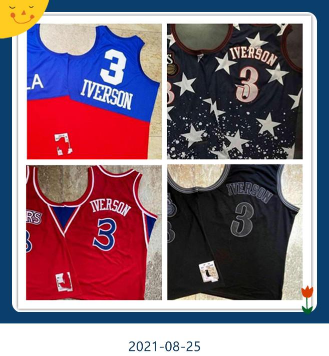 

Real Stitched Retro Basketball Allen 3 Iverson Jerseys TOP Quality Authentic Embroidery White Blue Black Red Jersey
