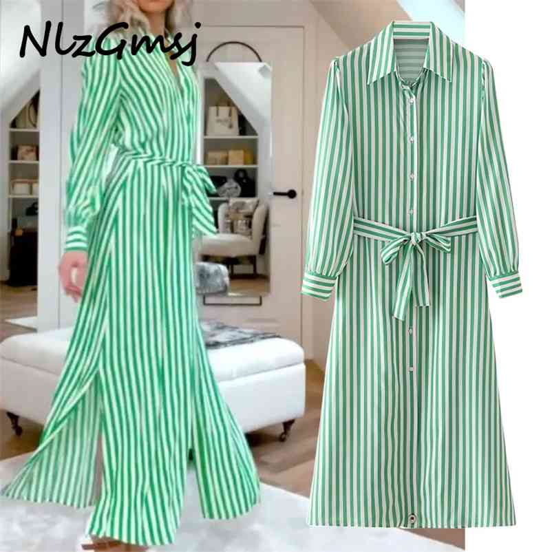

Dres Summer Elegant Striped Casual Turn Down Neck Long Sleeve Sundress Female 06 210628, As picture