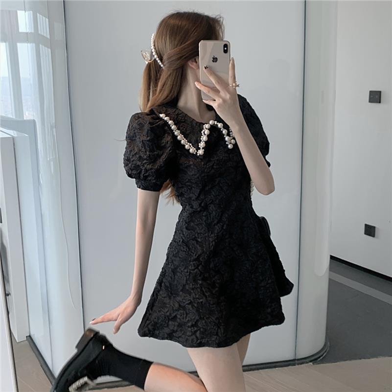 

summer vintage elegant high waist women dresses slim temperament black pearl lapel puff sleeve dress short jacquard floral print sexy, Black;gray