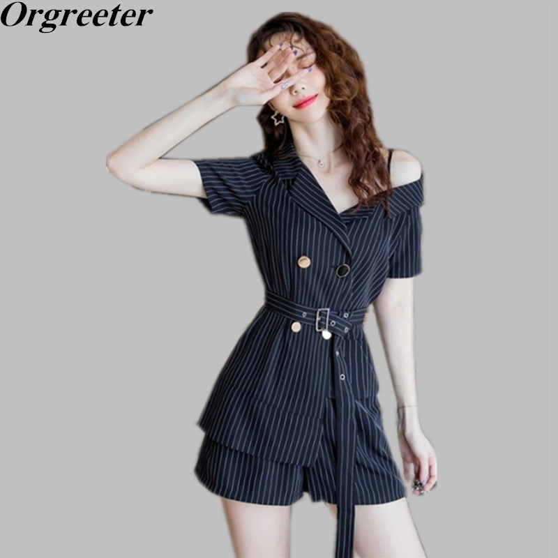 

Summer Thin Short-sleeved Striped Suit Sets Women Off shoulder Double-breasted With Belt Shirt and Shorts 2 Piece OL Set 210525, Black