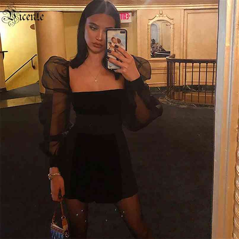 

Women' Dresses For Important Occasions Cocktail Black Tulle Stitching Puff Sleeves Square Neck Short Bandage Dress 210520