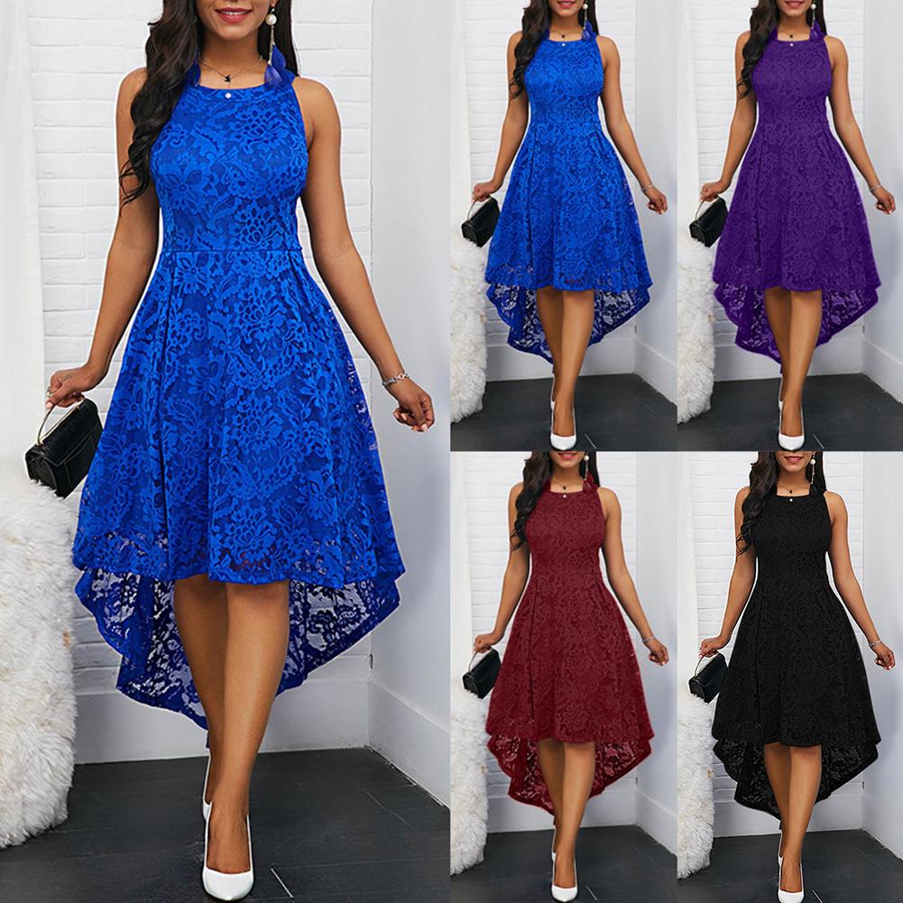 

Floral Lace Women Solid Color Sleeveless Irregular Hem Formal Party Midi Dress, Dark blue