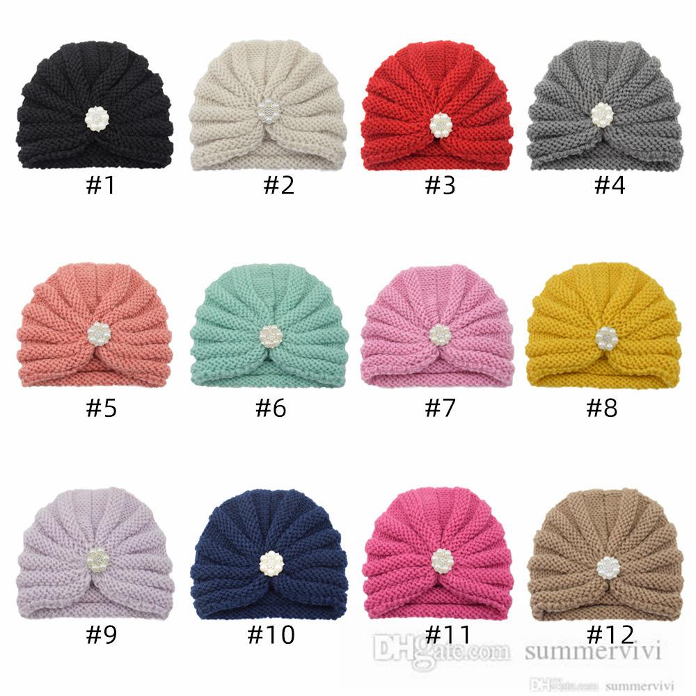 

INS Infant rhinestones pearls flower applique hats christmas baby girls India's hat fall winter newborn crochet kids protect Fontanelle warm beanie Q3248, 7 tender pink