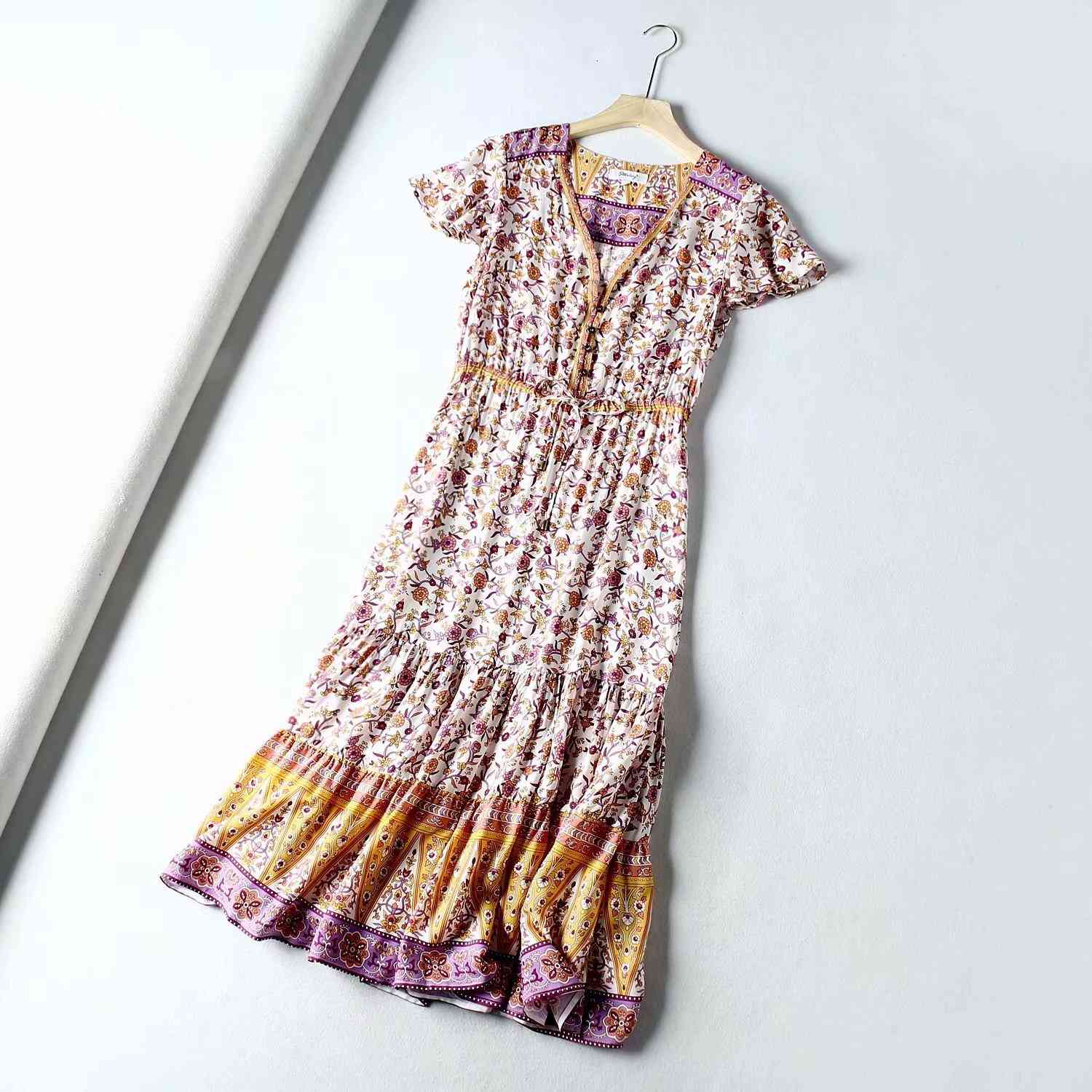 

Casual Dresses Women Summer es Fashion Floral Print Bohemian Beach Maxi Holiday Sexy V-Neck Elastic Waist Short Sleeve Long YFMT, Color as shown