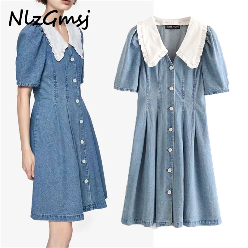 

Denim Dres Puff Short Sleeve Fashion Pleated Turn Down Collar Casual Button Up es 03 210628, As picture