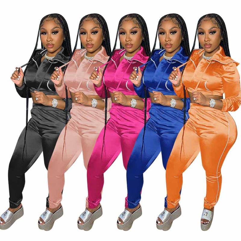 

Women's Two Piece Pants Velvet Sets Women Casual Fashion Solid Color Trim Hooded Zipper Tops Suits Sweatsuits Wholesale Drop, Blue