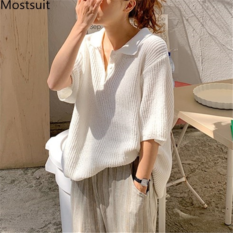 

Summer Korean Oversized Knitted T Shirts Tops Women Short Sleeve Turn-down Collar Solid Loose Casual Fashion T-shirts Tees 210518, White