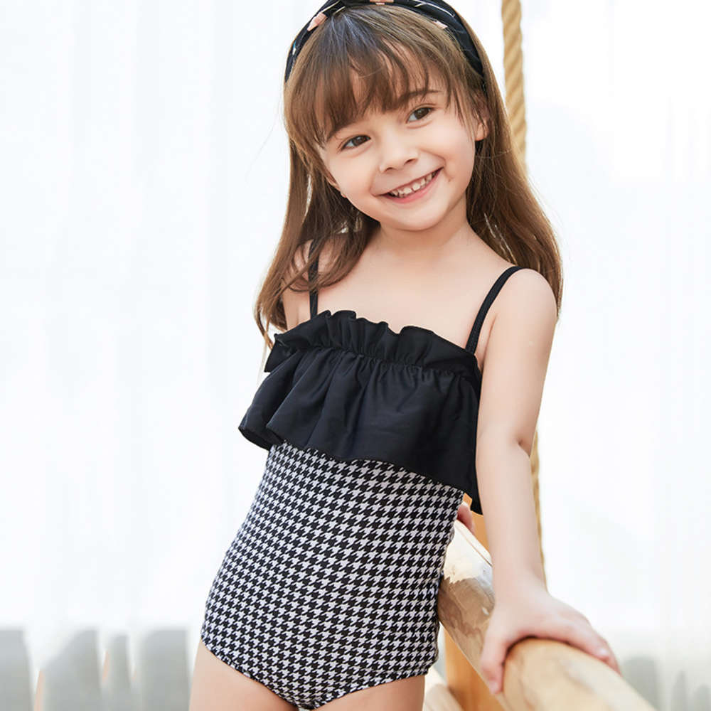 

Children's suit children's small clear girl's one piece suspender sleeveless lace swimsuit, Black