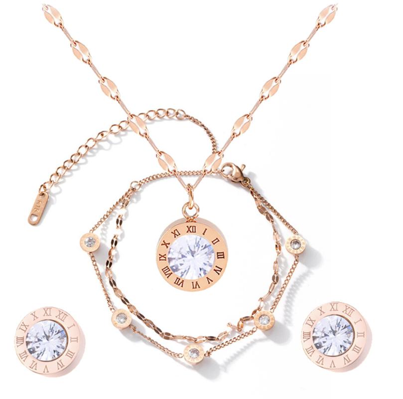 

Earrings & Necklace 316L Stainless Steel Double Layered Rose Gold Titanium Bracelet Stud Set No Fade, Silver