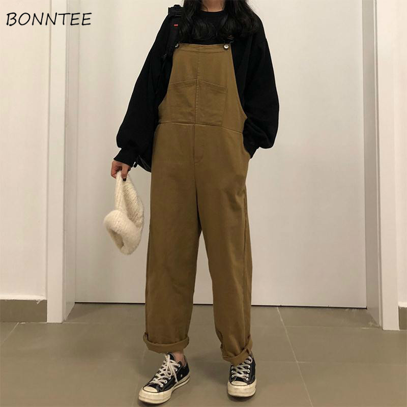 

Jumpsuits Women Solid Chic Retro Cargo Denim Overall Jumpsuit Preppy Ulzzang Leisure All-match Baggy Slouchy Suspender Trouser, Black