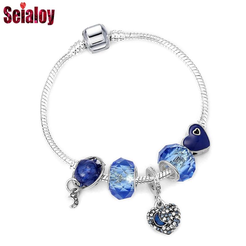 

Seialoy Fashion Blue Heart Charm Bracelets For Women Men Original Crystal Star Moon Beaded Dangle Bangles Birthday Gifts, Golden;silver