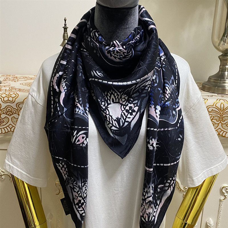 

Women's square scarf 100% silk material black color scarves print letters flowers patten size 110cm -110cm