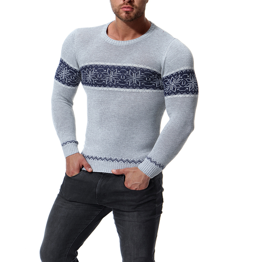 

mens printed casual slim fit sweaters autumn winter male long sleeve crew neck knited pullover, Black