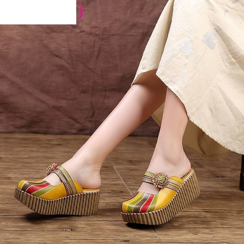 

Sandals 2021 Summer Shoes Women Wedge Slides Cover Toes Handmade Flower Thick Heels Genuine Leather Lady Platform Slippers 26R2, Multi