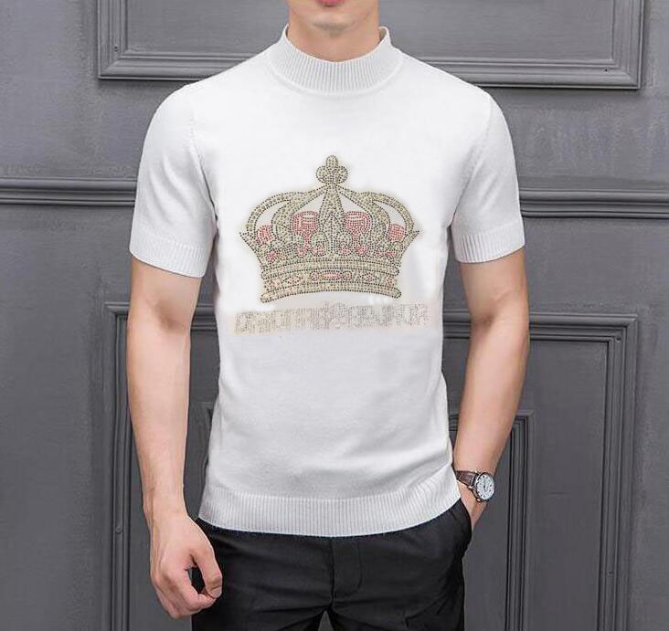 

Brand Summer Fashion Mens Sweaters Tshirt Slim Rhinestones Color O Collar Knitting Half Short Sleeve Knitted Male Pullover, Army green