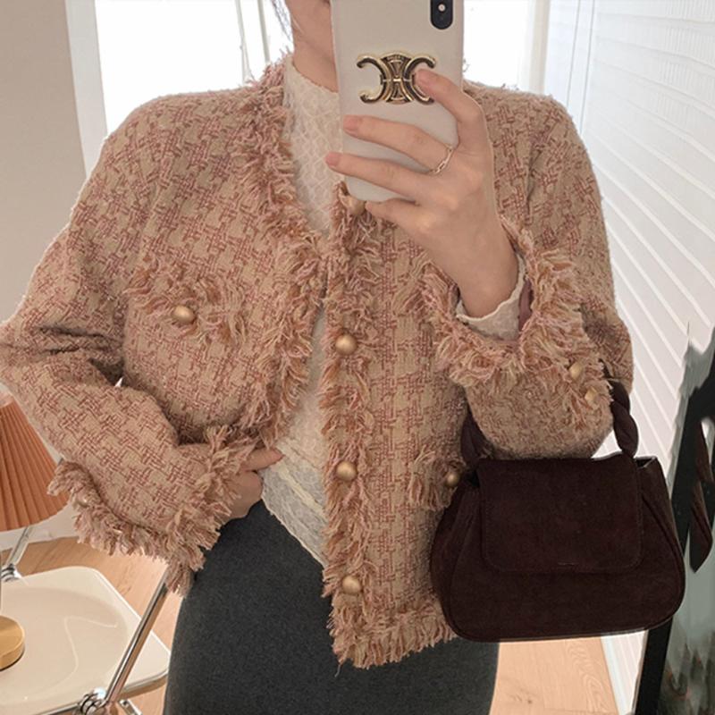 

Women's Jackets Women French Retro Small Fragrance Jacket Autumn And Winter Korean Style Tweed Female Short Simple Temperament, Black;brown