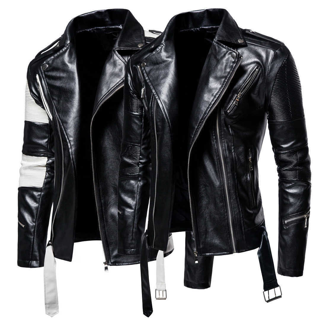 

2020 Autumn new large size men's lapel color matching men's motorcycle leather PU leather jacket, Black;brown