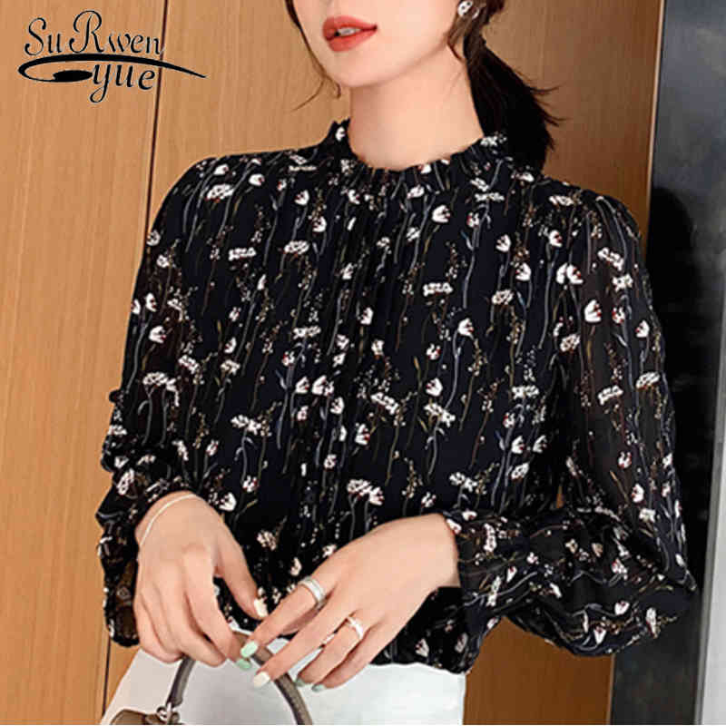 

Korean Fashion Clothing Print Long Sleeve Chiffon Blouse Women Tops and Stand Collar Arrival 6755 50 210521, Camel