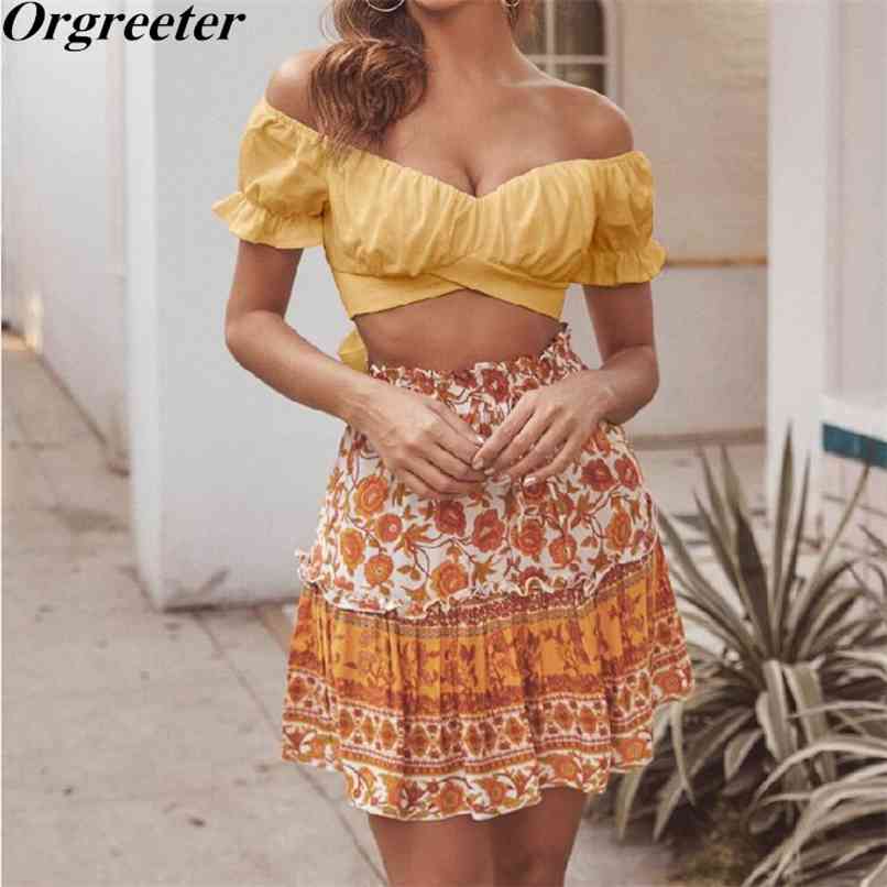 

Sale INS Fashion Sexy Slash neck Bow Lace-Up Short Tops and Floral Printted Skirts 2 Piece sets Women Summer 210602, Only skirt