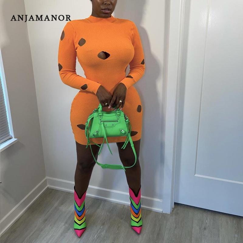 

Casual Dresses ANJAMANOR Sexy Solid Long Sleeve Knitted Sweater Dress Clubwear Hollow Bodycon Mini Fall Winter Clothes Women D59-CE30, Black